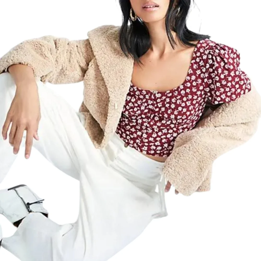Free People Burgundy & White Ditsy Floral Crop Top Blouse | Size M | Boho Summer